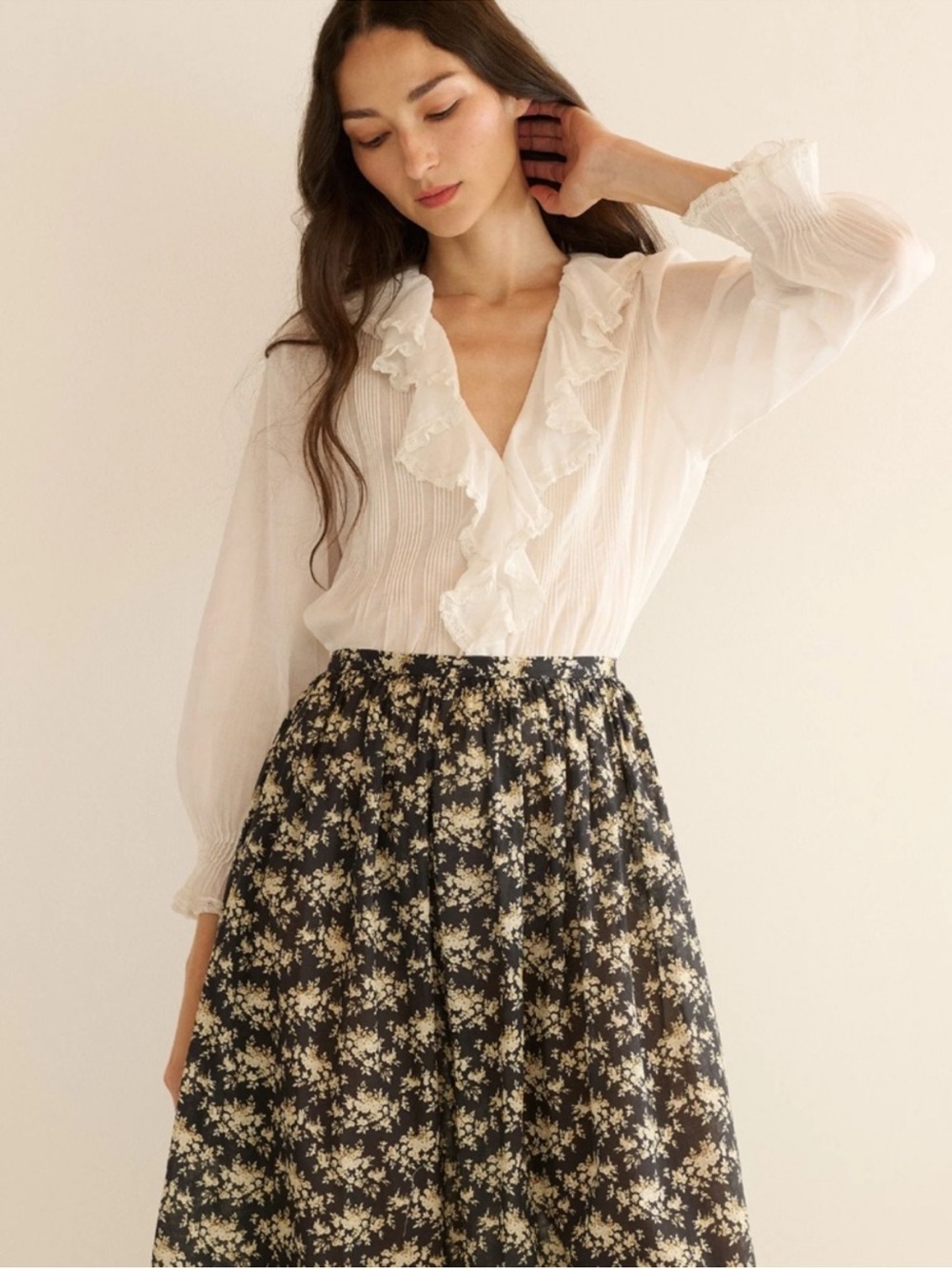 Doen MARCIE Black Floral A-Line Midi Skirt with Cream Print